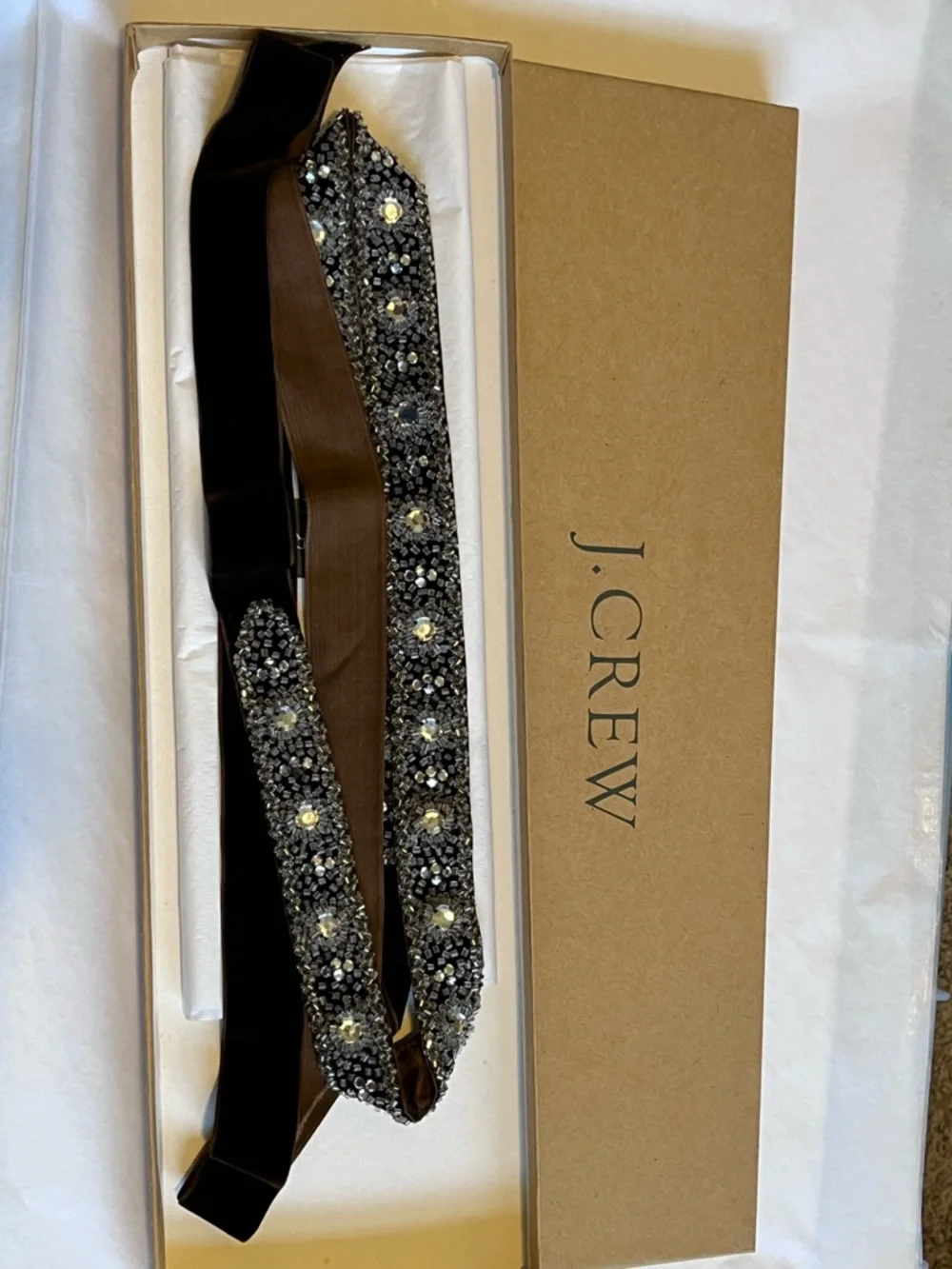 J. Crew Beaded Jeweled Sash Belt in Chocolate Brown Velvet with Clear Beads